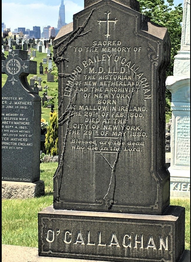 Figure 1. Front of Edmund Bailey O'Callaghan's headstone in the Cavalry Cemetery, New York - Image credit: Kelley O’Rourke 