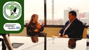 Samara O’Gorman interviewing Bryan O’Gallagher, Ireland’s Honorary Cousul for Quebec. Photo credit: Evita-Marie Di Falco.